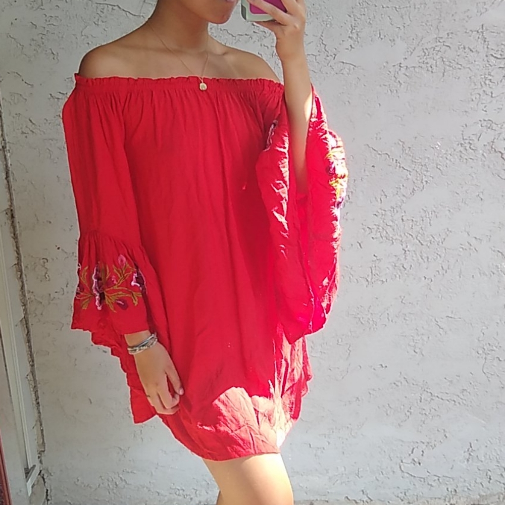 Red Bardot Neckline Dress with Flower Embroidery
